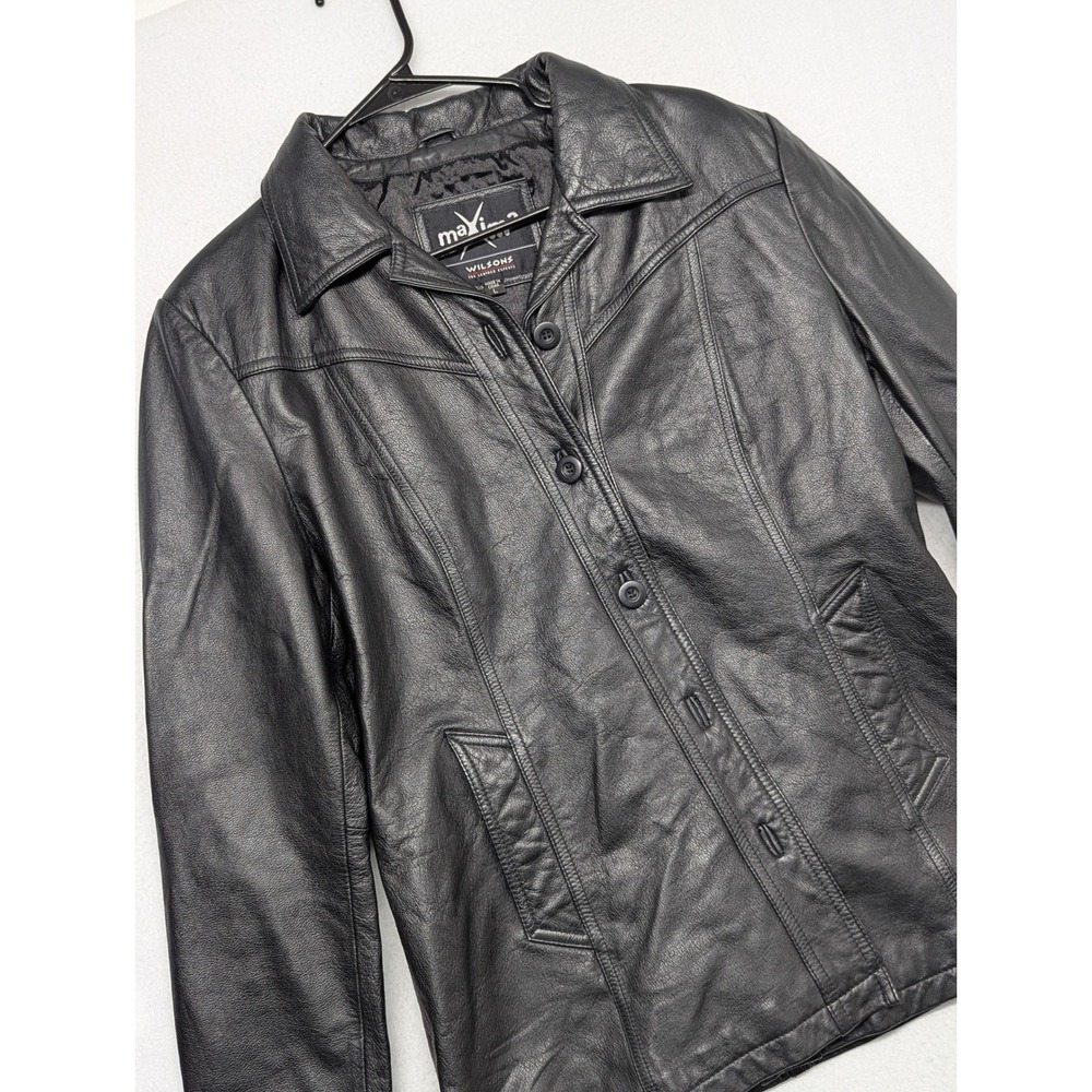 Wilsons Leather Maxima Black Button Up Jacket Women Large L Solid Long Sleeve